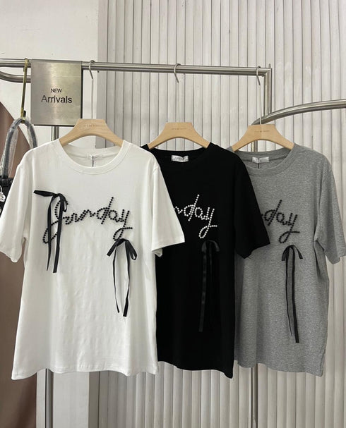 Pearls and Ribbons Detail Oversize T-Shirts